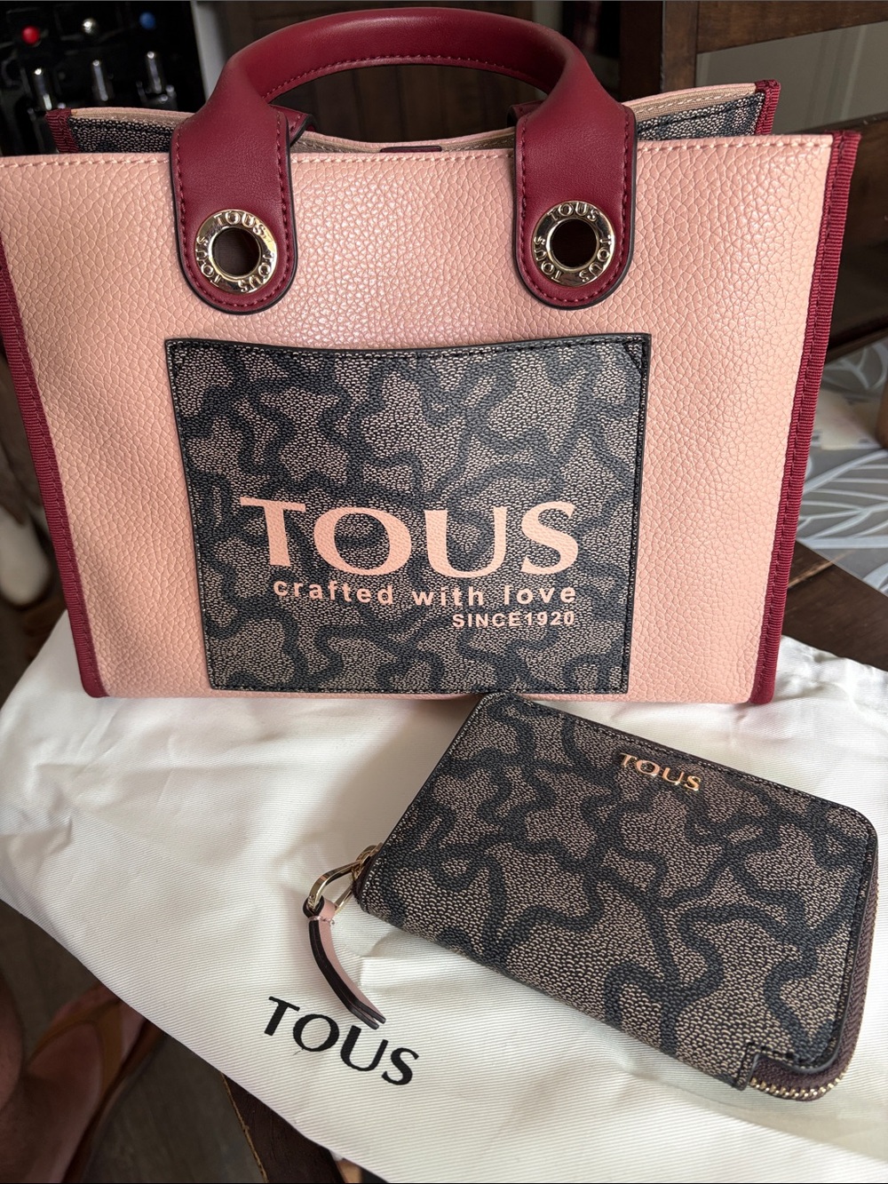 TOUS Pink Tote with Burgundy Trim and Patterned Wallet